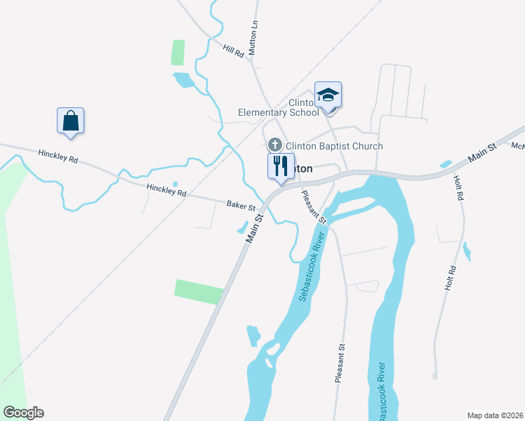 map of restaurants, bars, coffee shops, grocery stores, and more near 1063 Main Street in Clinton