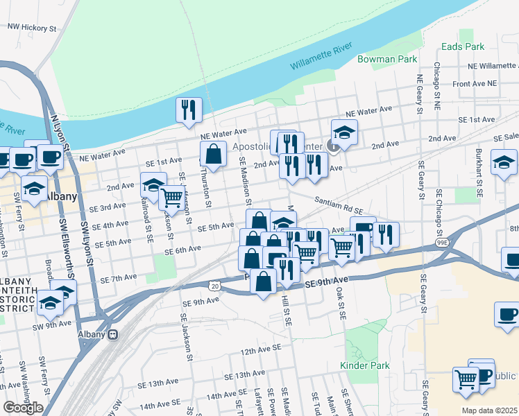 map of restaurants, bars, coffee shops, grocery stores, and more near 6 Southeast 5th Avenue in Albany