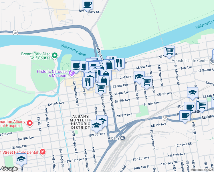 map of restaurants, bars, coffee shops, grocery stores, and more near 128 Southeast 3rd Avenue in Albany