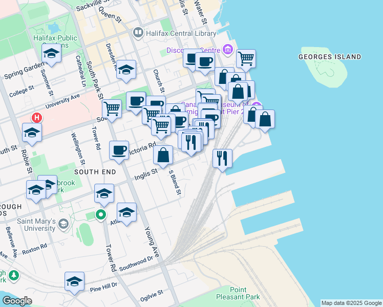 map of restaurants, bars, coffee shops, grocery stores, and more near 5386 Inglis Street in Halifax