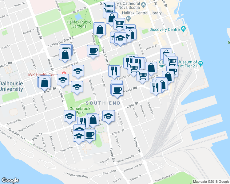 map of restaurants, bars, coffee shops, grocery stores, and more near 1030 South Park Street in Halifax