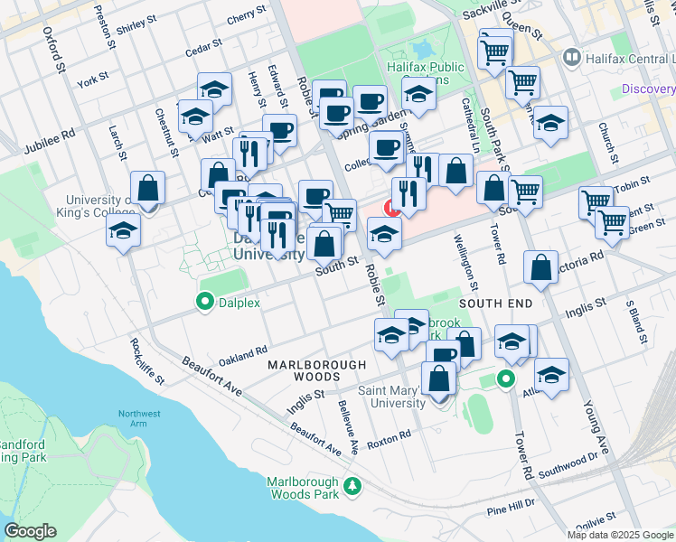 map of restaurants, bars, coffee shops, grocery stores, and more near 6073 Fraser Street in Halifax