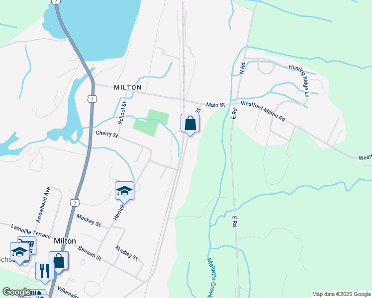 map of restaurants, bars, coffee shops, grocery stores, and more near 48 Railroad Street in Milton