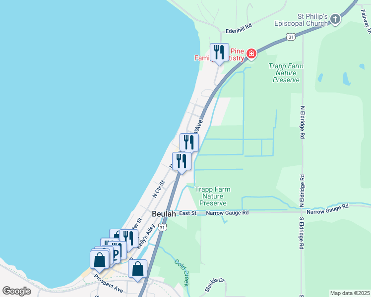 map of restaurants, bars, coffee shops, grocery stores, and more near 187 North Michigan Avenue in Beulah