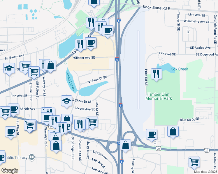 map of restaurants, bars, coffee shops, grocery stores, and more near 3265 South Shore Drive Southeast in Albany