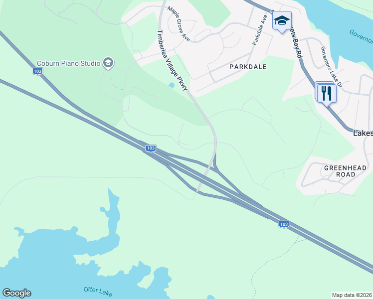 map of restaurants, bars, coffee shops, grocery stores, and more near 7 Marketway Lane in Timberlea