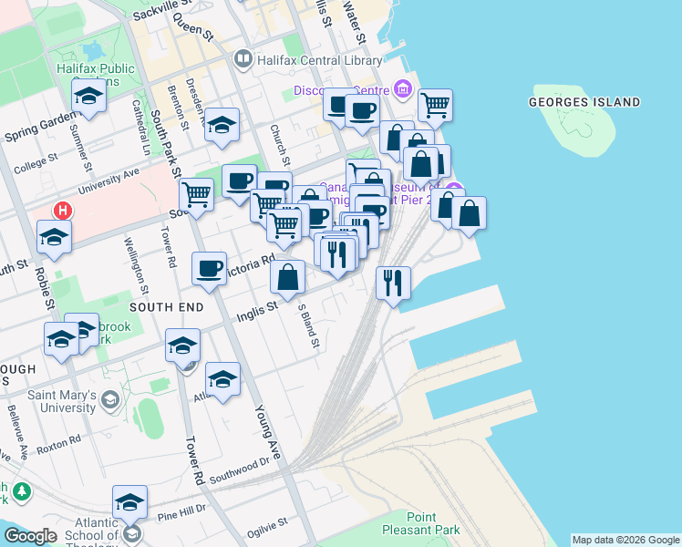 map of restaurants, bars, coffee shops, grocery stores, and more near 5385 Victoria Road in Halifax