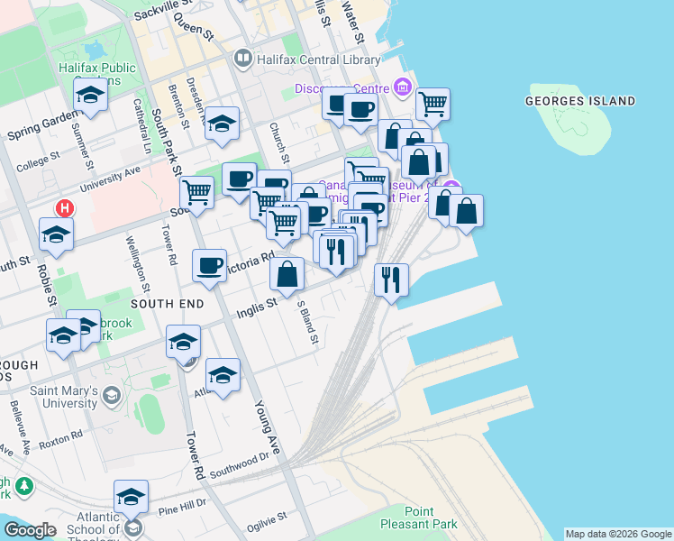 map of restaurants, bars, coffee shops, grocery stores, and more near 5389 Victoria Road in Halifax