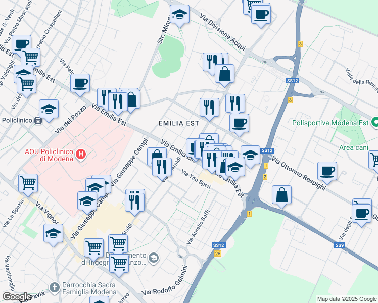 map of restaurants, bars, coffee shops, grocery stores, and more near 776 Via Emilia Est in Modena