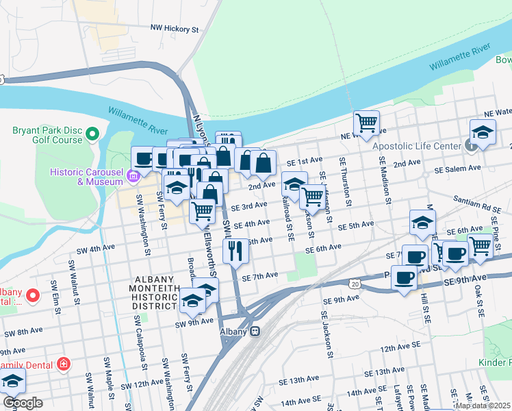map of restaurants, bars, coffee shops, grocery stores, and more near 238 Southeast 3rd Avenue in Albany