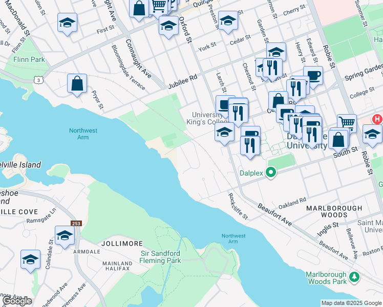 map of restaurants, bars, coffee shops, grocery stores, and more near 1462 Thornvale Avenue in Halifax