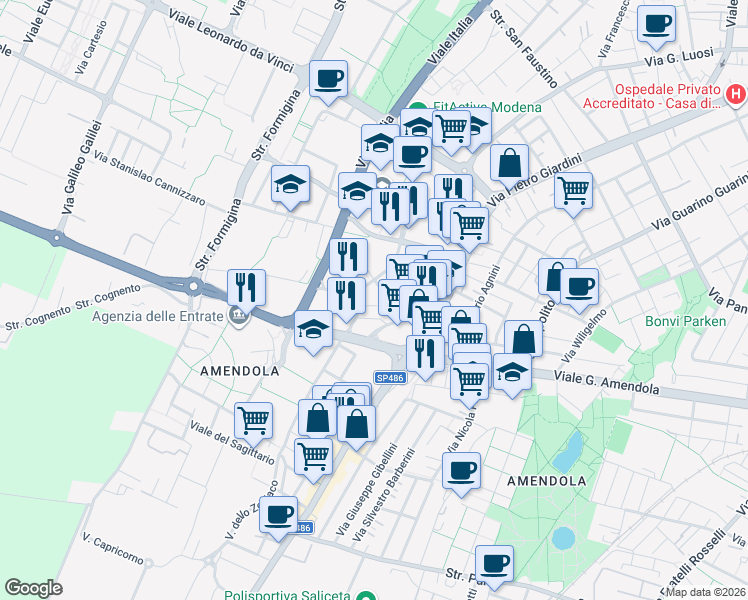 map of restaurants, bars, coffee shops, grocery stores, and more near 18 Strada Scaglia Est in Modena