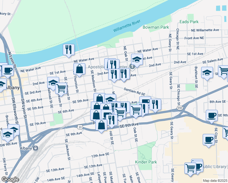 map of restaurants, bars, coffee shops, grocery stores, and more near 523 Main Street Southeast in Albany