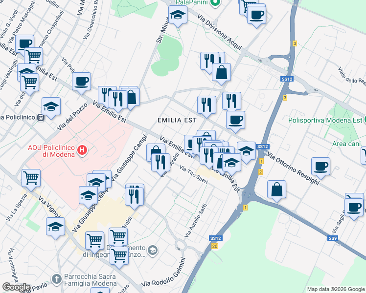 map of restaurants, bars, coffee shops, grocery stores, and more near 776/a Via Emilia Est in Modena