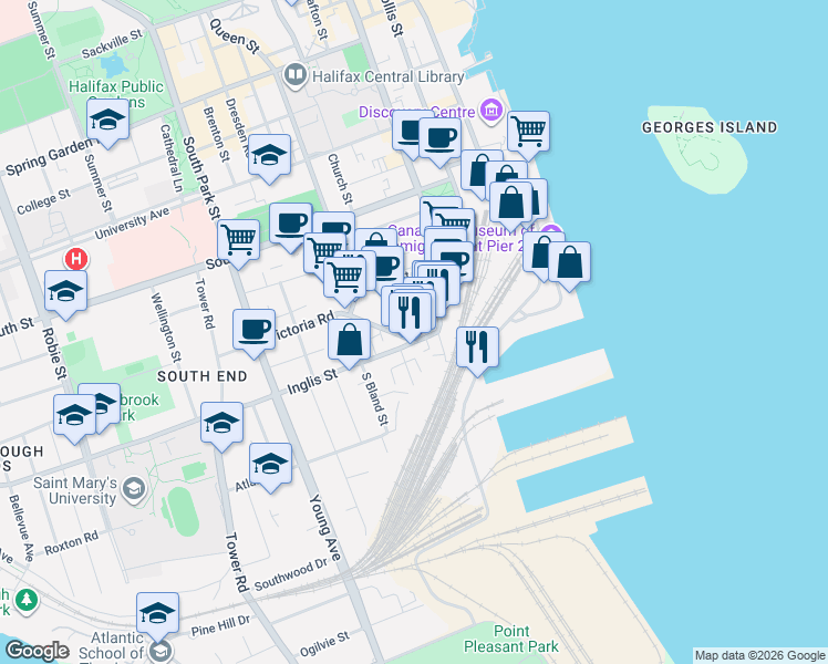 map of restaurants, bars, coffee shops, grocery stores, and more near 5389 Victoria Road in Halifax