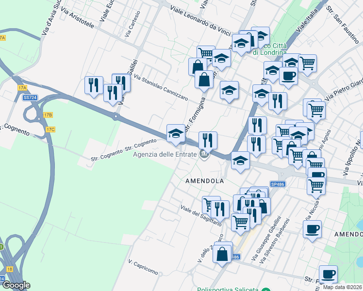 map of restaurants, bars, coffee shops, grocery stores, and more near 488 Strada Formigina in Modena