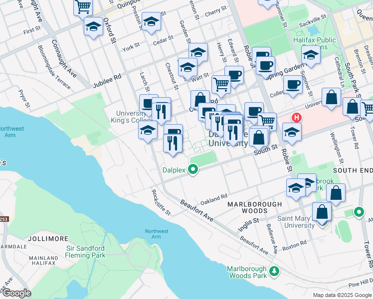 map of restaurants, bars, coffee shops, grocery stores, and more near 6299 South Street in Halifax