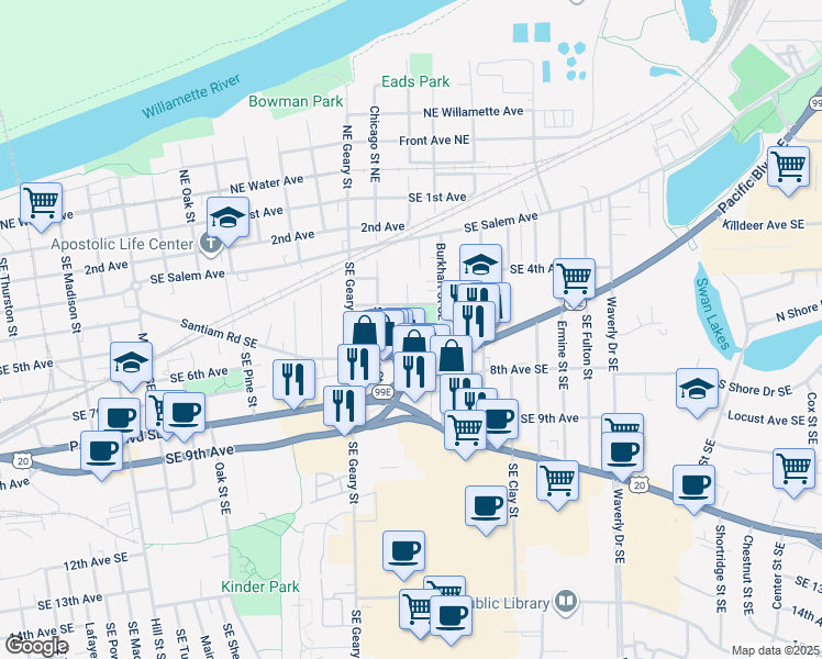 map of restaurants, bars, coffee shops, grocery stores, and more near 1999 Pacific Boulevard Southeast in Albany