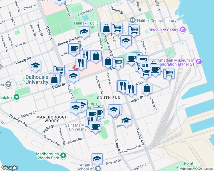 map of restaurants, bars, coffee shops, grocery stores, and more near 1122 Tower Road in Halifax