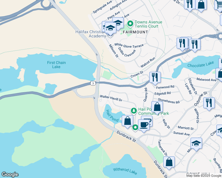 map of restaurants, bars, coffee shops, grocery stores, and more near 24 Stone Gate Drive in Halifax
