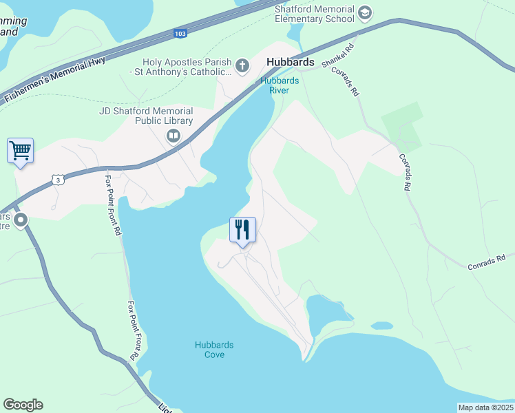map of restaurants, bars, coffee shops, grocery stores, and more near 187 Shore Club Road in Hubbards