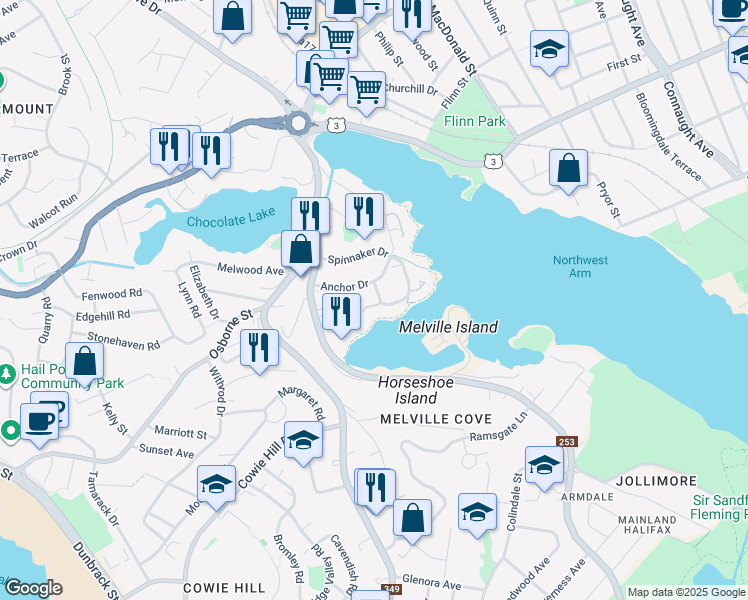 map of restaurants, bars, coffee shops, grocery stores, and more near 274 Spinnaker Drive in Halifax