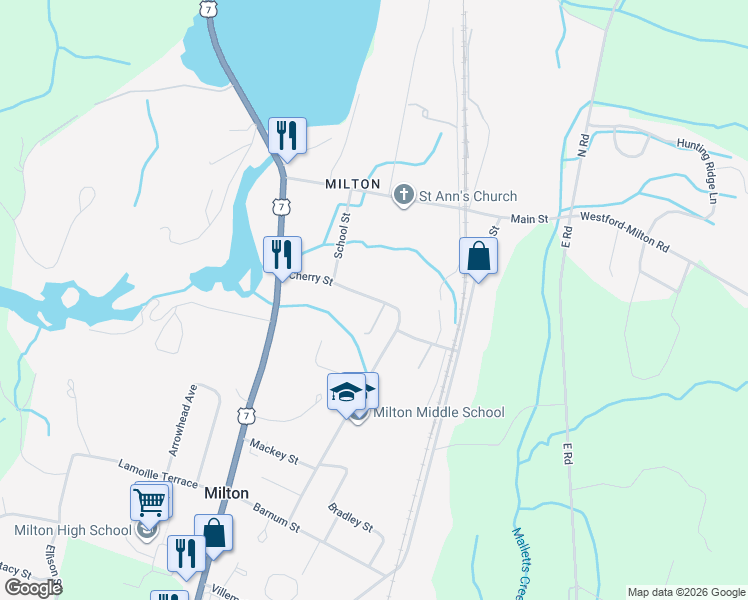 map of restaurants, bars, coffee shops, grocery stores, and more near Cherry Street in Milton