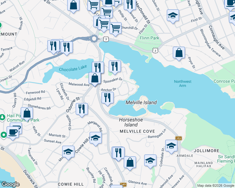 map of restaurants, bars, coffee shops, grocery stores, and more near 274 Spinnaker Drive in Halifax