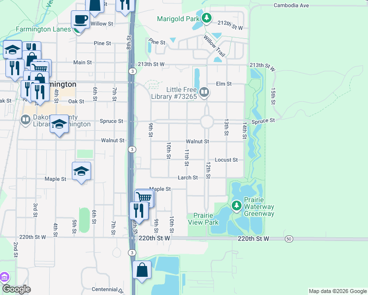 map of restaurants, bars, coffee shops, grocery stores, and more near 604 11th Street in Farmington