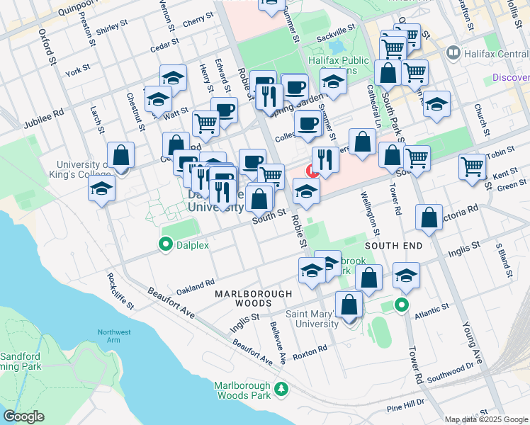 map of restaurants, bars, coffee shops, grocery stores, and more near 6057 South Street in Halifax
