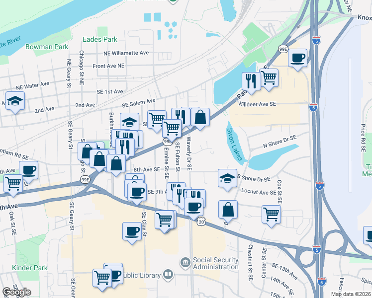 map of restaurants, bars, coffee shops, grocery stores, and more near 634 Waverly Drive Southeast in Albany