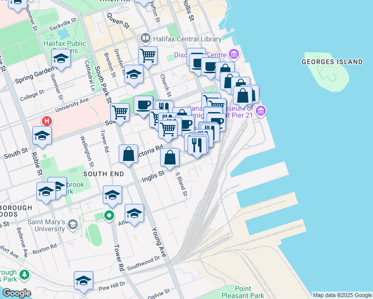map of restaurants, bars, coffee shops, grocery stores, and more near 5415 Victoria Road in Halifax