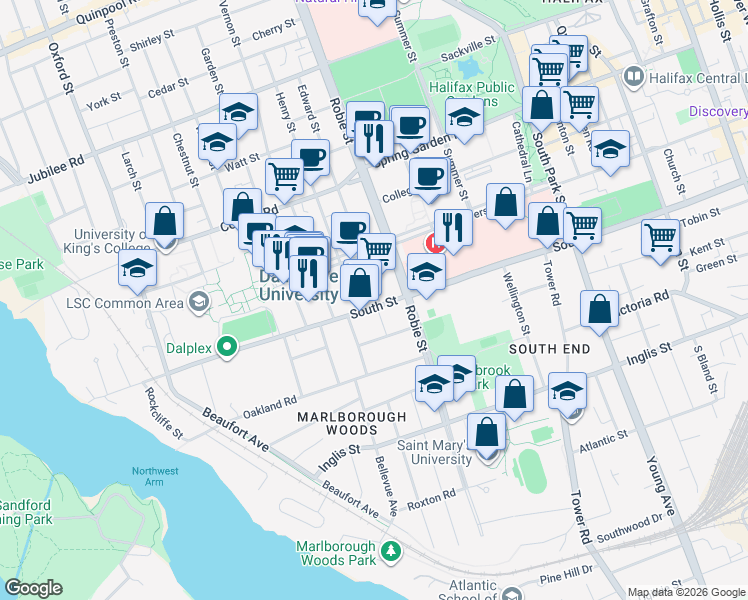map of restaurants, bars, coffee shops, grocery stores, and more near 6051 South Street in Halifax