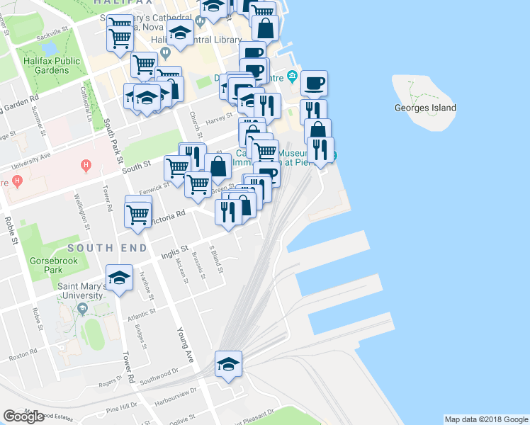 map of restaurants, bars, coffee shops, grocery stores, and more near 1047 Barrington Street in Halifax