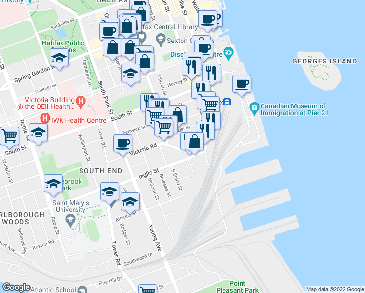 map of restaurants, bars, coffee shops, grocery stores, and more near in Halifax