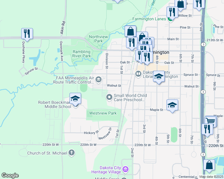 map of restaurants, bars, coffee shops, grocery stores, and more near 19 Walnut Street in Farmington