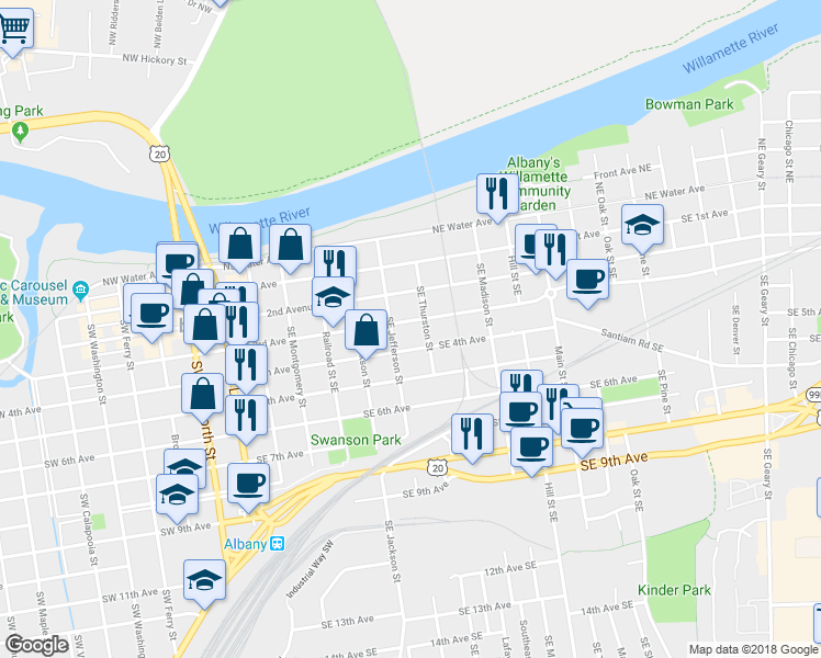 map of restaurants, bars, coffee shops, grocery stores, and more near 626 Southeast 3rd Avenue in Albany