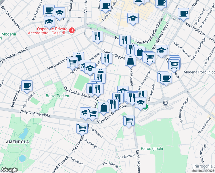 map of restaurants, bars, coffee shops, grocery stores, and more near 38 Via Pietro Siligardi in Modena