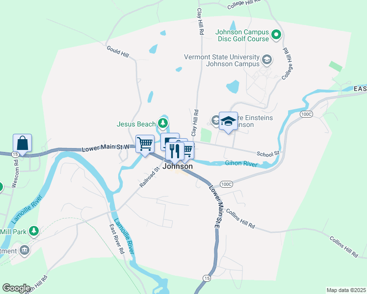 map of restaurants, bars, coffee shops, grocery stores, and more near 95 Pearl Street in Johnson