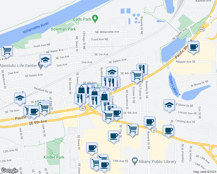 map of restaurants, bars, coffee shops, grocery stores, and more near Bradley Street Southeast in Albany