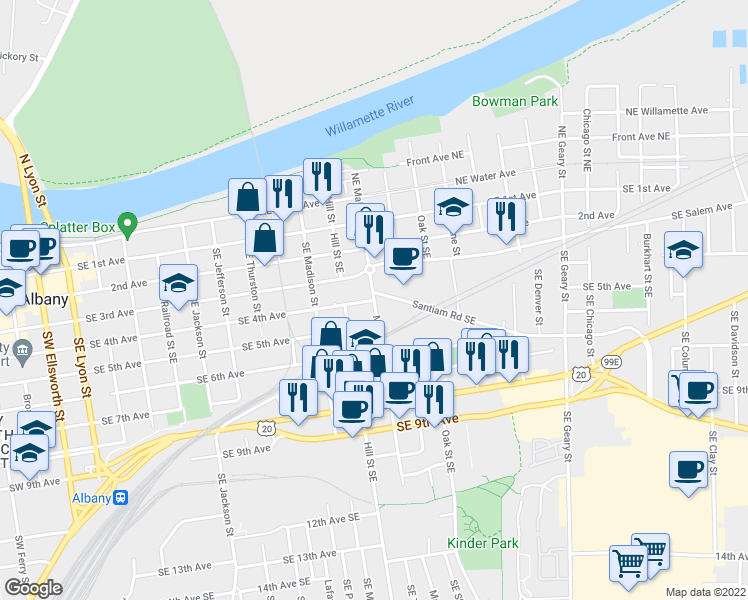 map of restaurants, bars, coffee shops, grocery stores, and more near SE Main St & SE 4th Ave in Albany