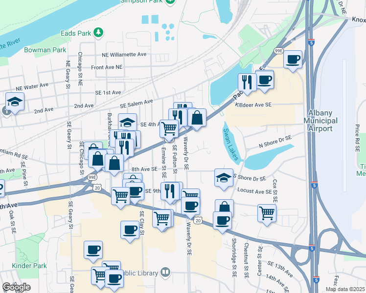 map of restaurants, bars, coffee shops, grocery stores, and more near 2626 Pacific Boulevard Southeast in Albany