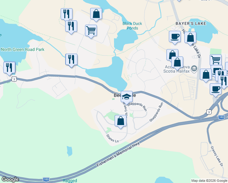 map of restaurants, bars, coffee shops, grocery stores, and more near 1199 Saint Margarets Bay Road in Beechville