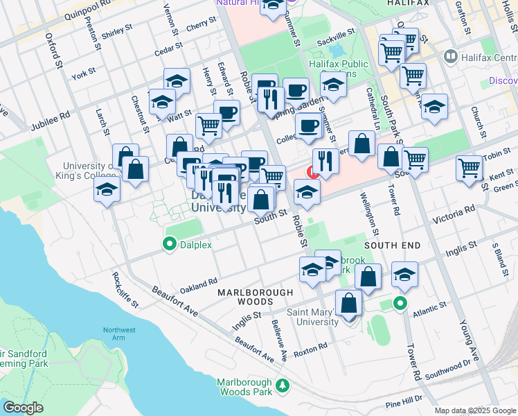 map of restaurants, bars, coffee shops, grocery stores, and more near 1235 Henry Street in Halifax