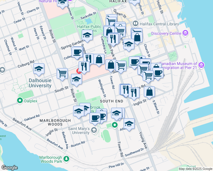 map of restaurants, bars, coffee shops, grocery stores, and more near 5784 Tower Terrace in Halifax