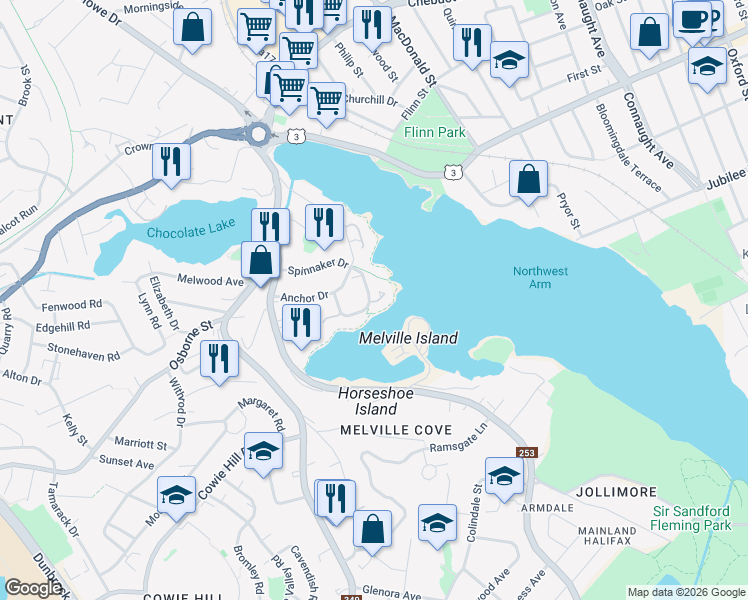 map of restaurants, bars, coffee shops, grocery stores, and more near 160 Spinnaker Drive in Halifax