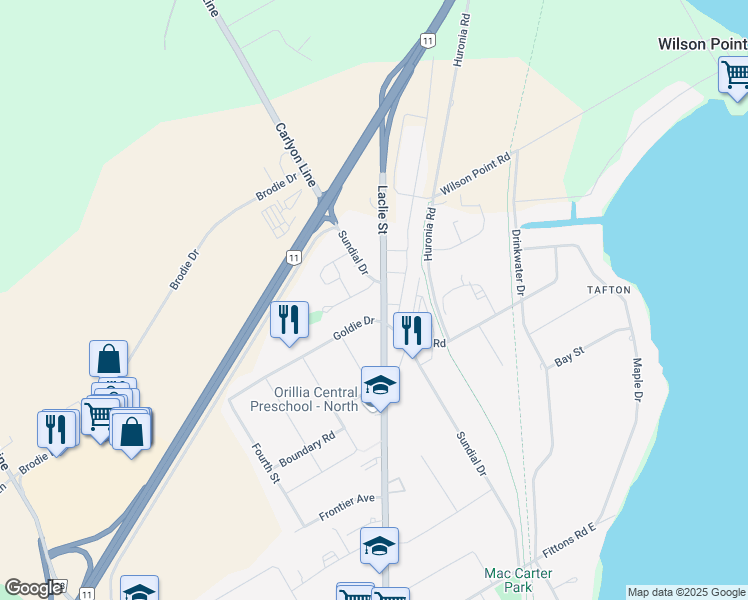 map of restaurants, bars, coffee shops, grocery stores, and more near 661 Laclie Street in Orillia