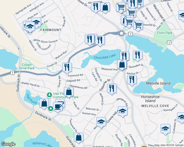 map of restaurants, bars, coffee shops, grocery stores, and more near 26 B Lynn Road in Halifax