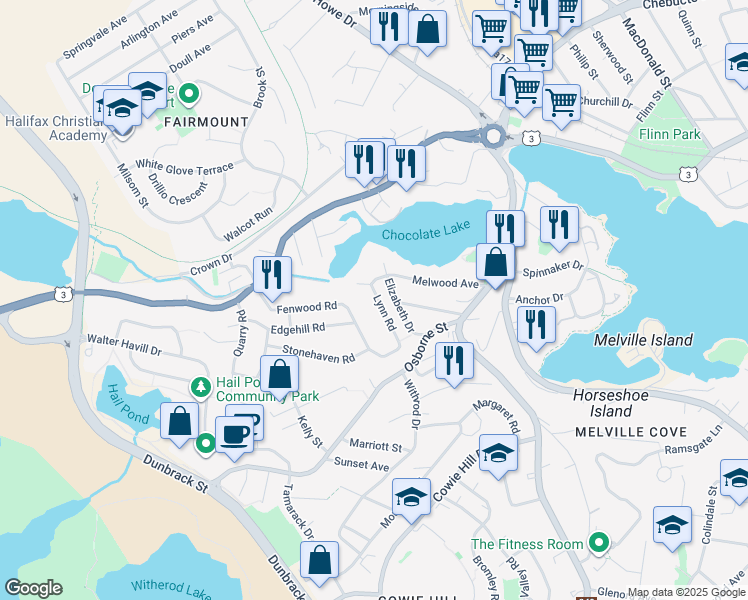 map of restaurants, bars, coffee shops, grocery stores, and more near 24 Lynn Road in Halifax