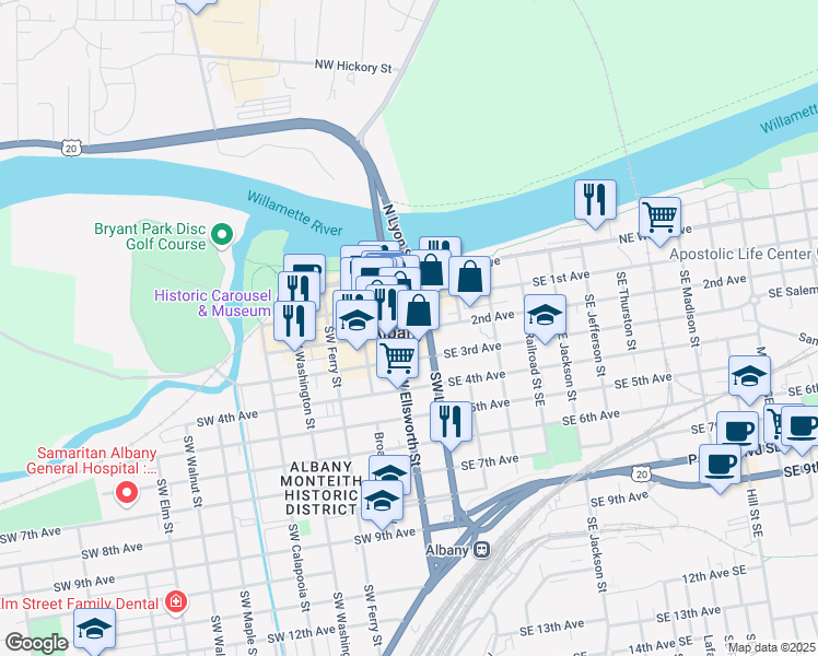 map of restaurants, bars, coffee shops, grocery stores, and more near 125 2nd Avenue in Albany